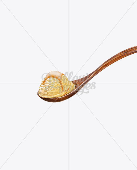 Wooden Spoon With Vanilla Ice Cream and Caramel Syrup