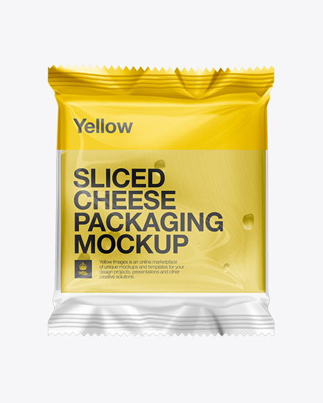 Sliced Cheese Packaging Mockup in Flow-Pack Mockups on Yellow Images