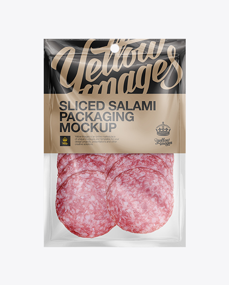 Download Plastic Vacuum Bag W/ Sliced Classic Salami Mockup in Tray & Platter Mockups on Yellow Images ...