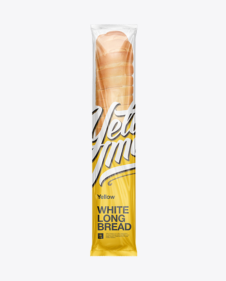 Download Long Thin Loaf of Wheat Bread Package Mockup in Flow-Pack Mockups on Yellow Images Object Mockups
