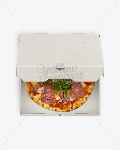 Download Pizza in Half-open Cardboard Box Mockup (High-Angle Shot ... Yellowimages Mockups