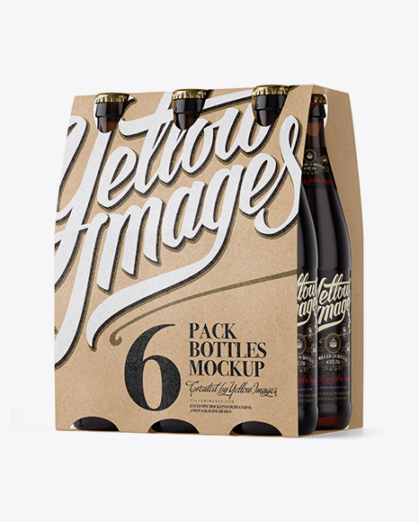 Free Kraft Paper 6 Pack Amber Bottle Carrier Mockup - 3/4 View