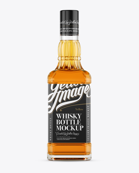 Glass Bottle with Whiskey PSD Mockup Front View