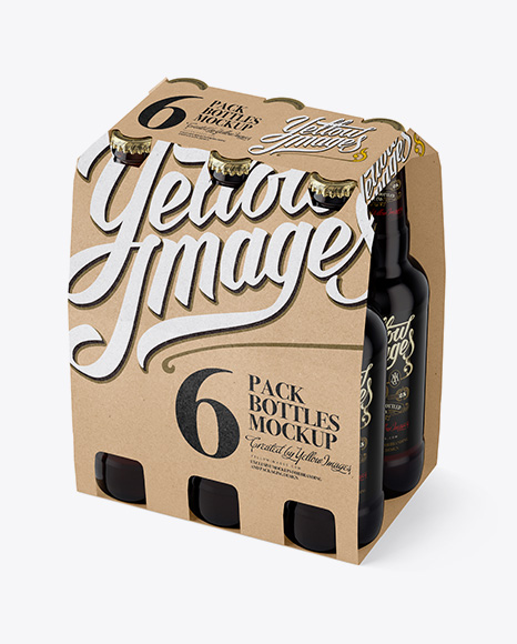 Kraft Paper 6 Pack Amber Bottle Carrier PSD Mockup Halfside View High-Angle Shot