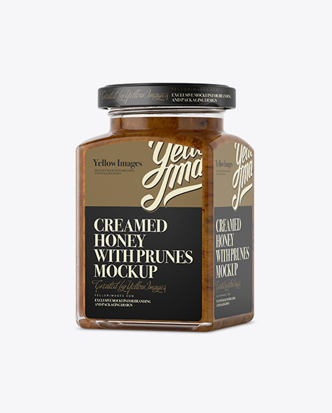 Creamed Honey with Prunes Glass Jar PSD Mockup Halfside View