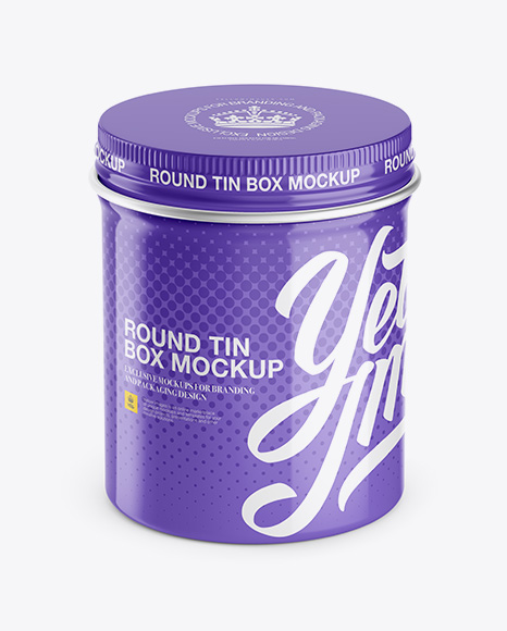 Glossy Round Tin Box PSD Mockup High-Angle Shot