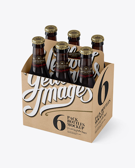 Kraft Paper 6 Pack Amber Bottle Carrier PSD Mockup Halfside View High-Angle Shot