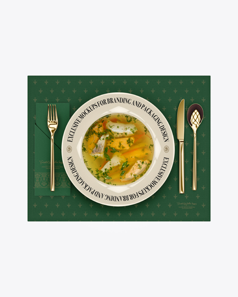 Download Download Plate with Fish Soup and Cutlery Mockup - Top ...