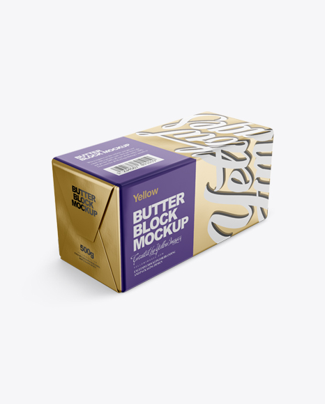 Download 250g Butter Block In Metallic Foil Wrap Mockup Halfside View High Angle Shot Packaging Mockups Free Packaging Template Psd Mockup PSD Mockup Templates