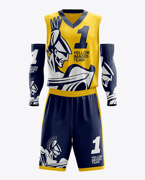 Men's Full Basketball Kit with V-Neck Jersey Mockup (Front View) in Apparel Mockups on Yellow ...