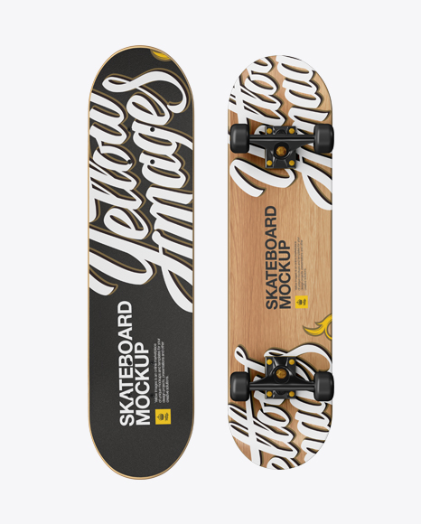 Skateboard Mockup - Front & Back View in Vehicle Mockups on Yellow Images Object Mockups