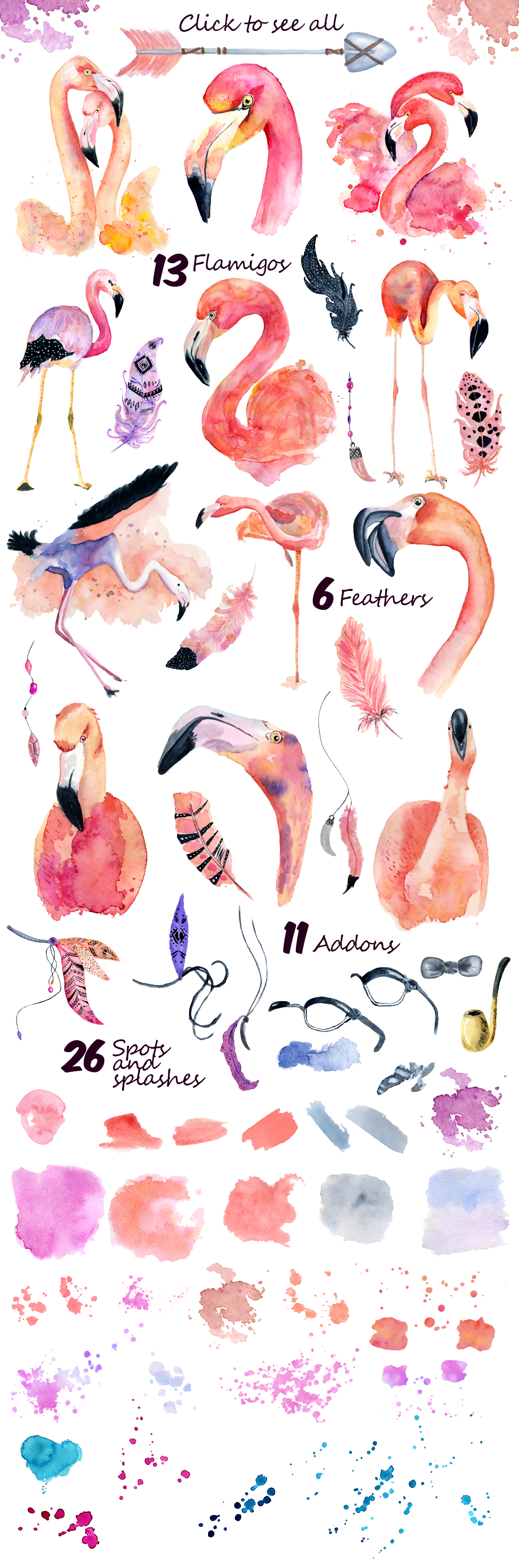 Boho flamingo Watercolor set in Illustrations on Yellow Images Creative ...