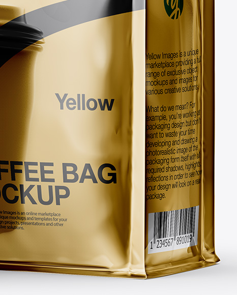 Download Metallic Bag with Coffee Cup Mockup - Half Side View in Packaging Mockups on Yellow Images ...