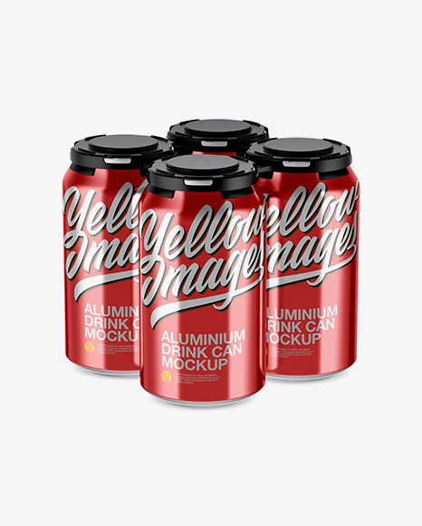 Pack of 4 Metallic Cans with Plastic Holder PSD Mockup Half Side View