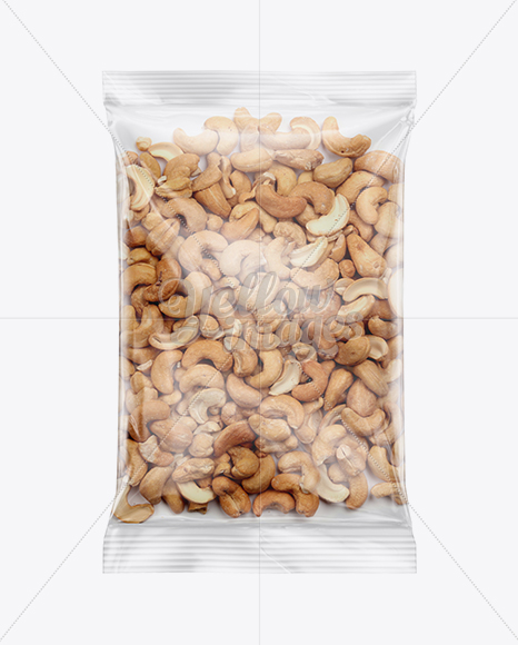 Download Clear Plastic Pack w/ Cashew Nuts Mockup in Flow-Pack Mockups on Yellow Images Object Mockups